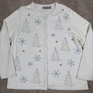 Croft & Barrow Sweater Womens 1x Ivory Cardigan Holiday Beaded Embroidered Wool